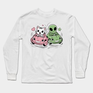 Funny cat and funny alien in crazy cars Long Sleeve T-Shirt